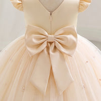 Girls Cream Pearl-Embellished Flutter Sleeve Fit & Flare Dress Casual Dresses