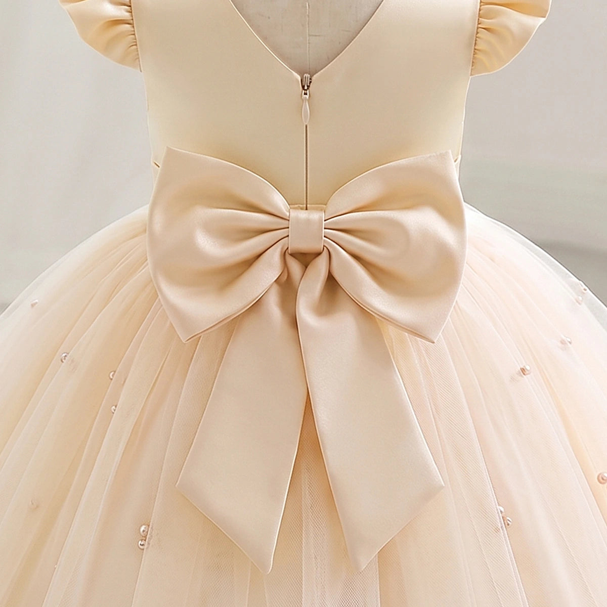 Girls Cream Pearl-Embellished Flutter Sleeve Fit & Flare Dress Casual Dresses