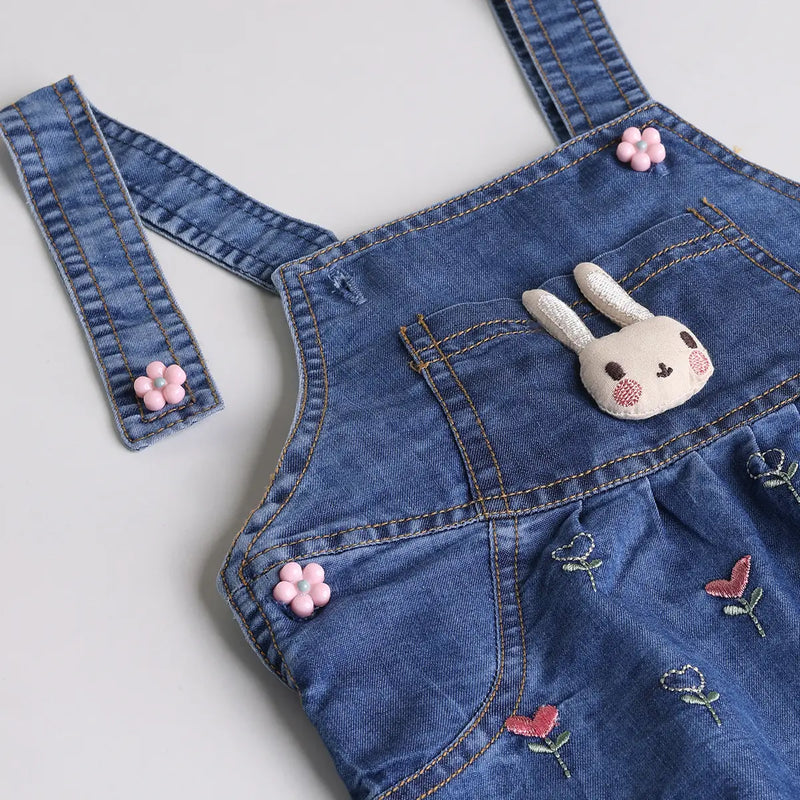 Girls Pink Embroidered Denim Dungaree With T-Shirt & Diaper Cover Sets 3 pc. Sets