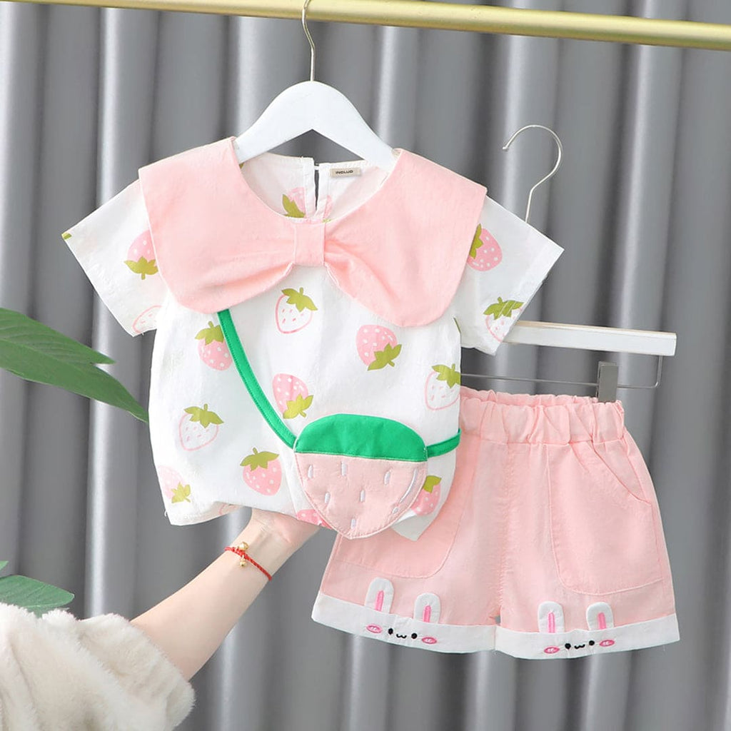 Girls Pink Strawberry Printed Top With Shorts Sets Pink 1-2 Y 