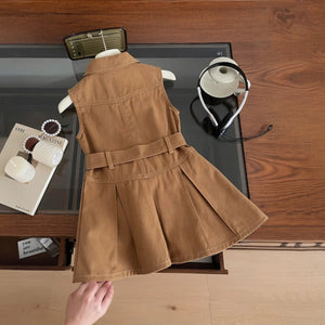 Girls Brown Sleeveless Belted Denim Shirt Dress Casual Dresses