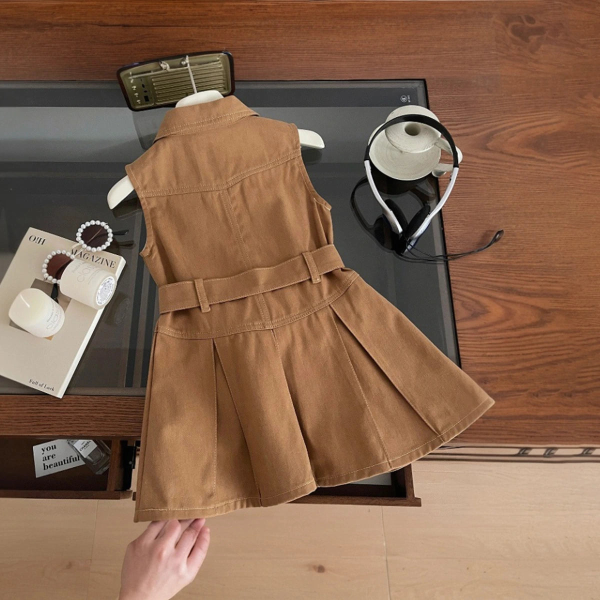 Girls Brown Sleeveless Belted Denim Shirt Dress Casual Dresses