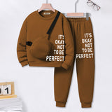 Boys Brown Typographic Printed Sweatshirt With Sling Bag & Jogger Sets