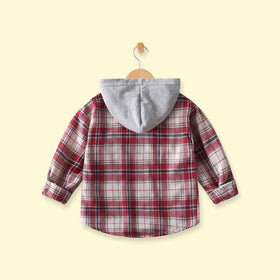 Boys Red Checked Long Sleeve Hooded Shirt Shirts