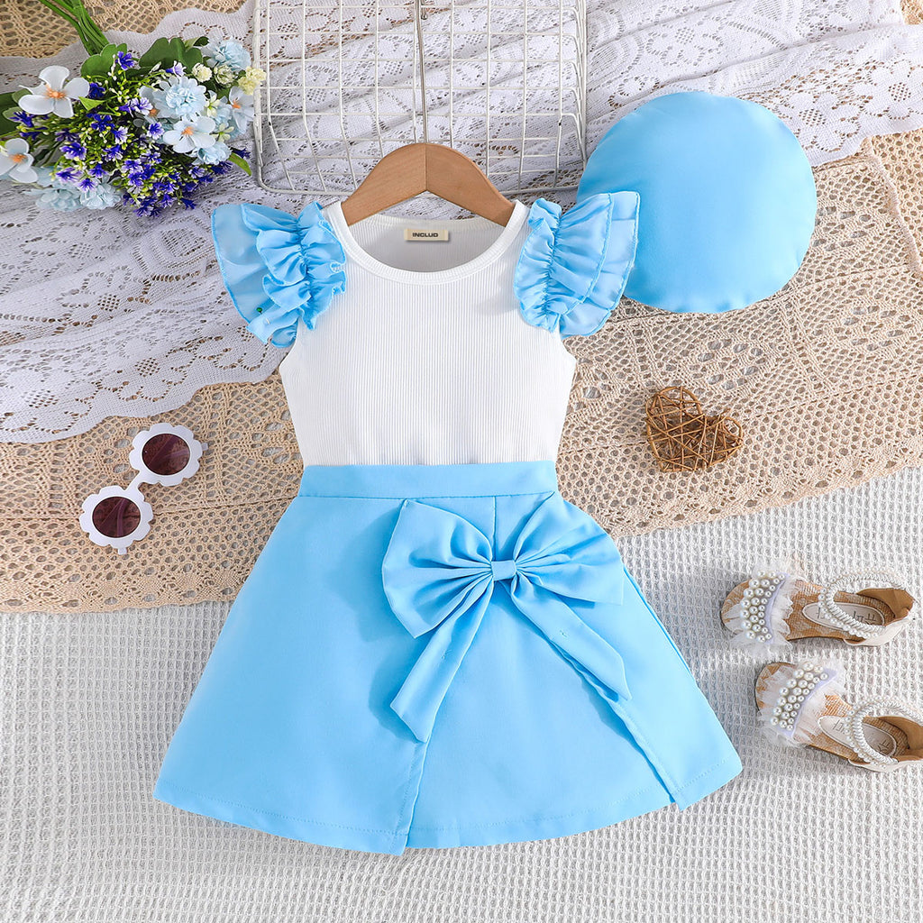 Girls Sleeveless Top With Light Blue Cap & Skirt Set Sets