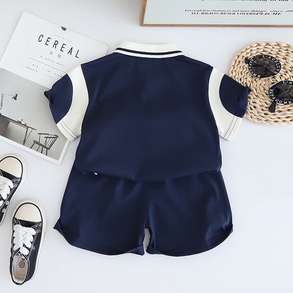 Boys Navy Blue Color-blocked Short Sleeves Polo T-Shirt With Shorts Set 2 pc. Sets