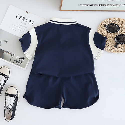 Boys Navy Blue Color-blocked Short Sleeves Polo T-Shirt With Shorts Set 2 pc. Sets