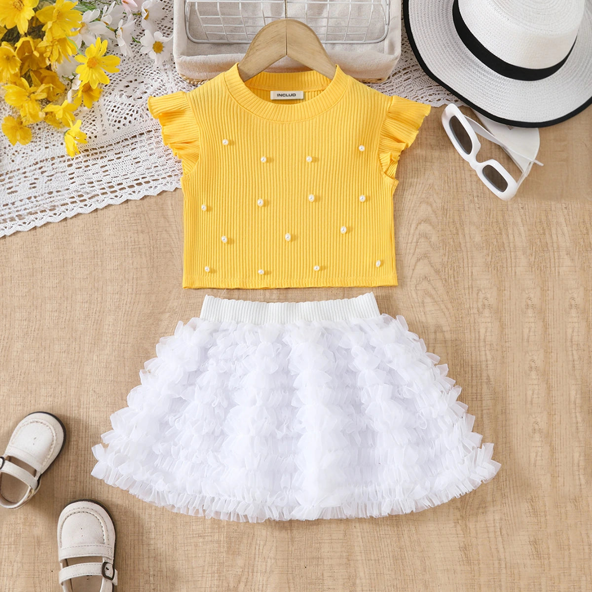 Girls Yellow Pearl Embellished Top With Ruffled Tulle Skirts Set Sets Yellow 3-4 Y