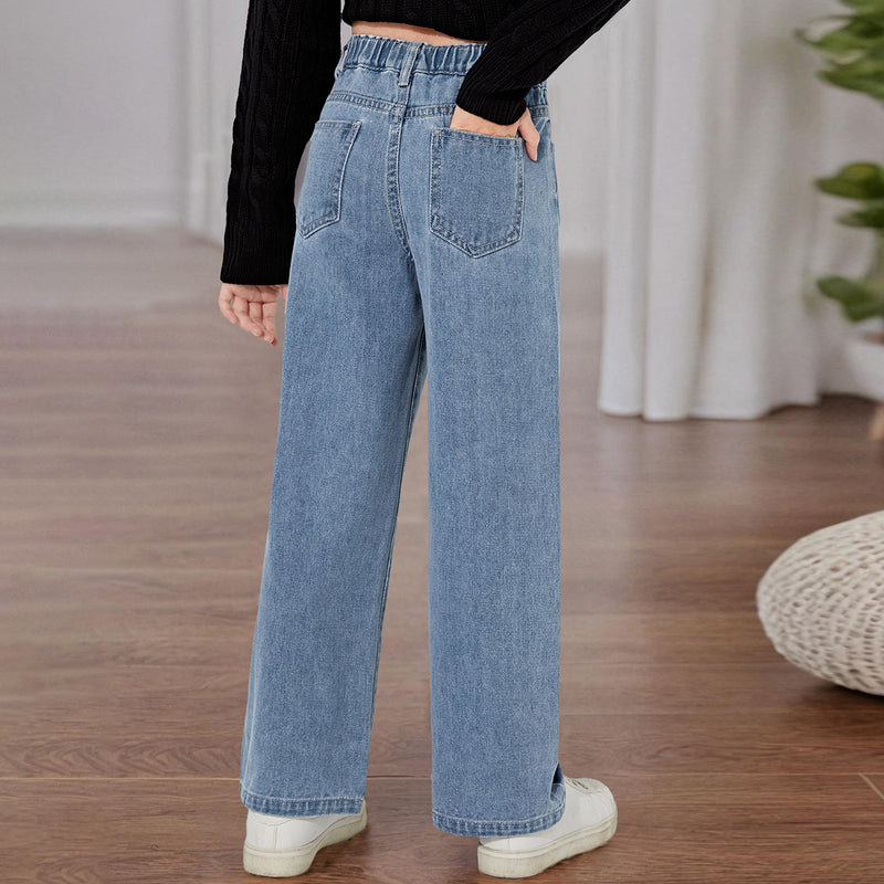 Girls Light Blue Straight Fitted Denim Pants Pants