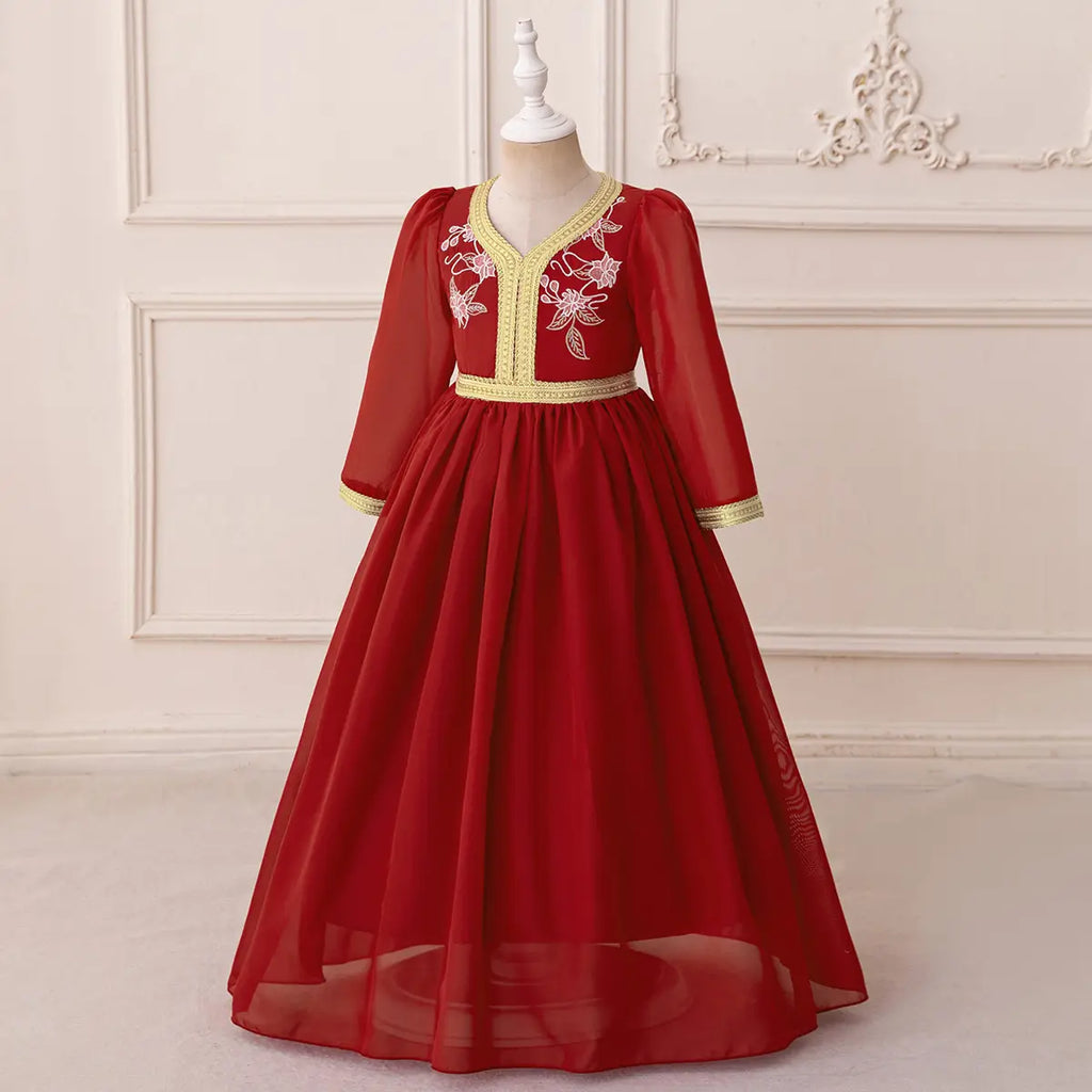 Girls Red Embroidered Maxi Dress With Long Sleeves Casual Dresses