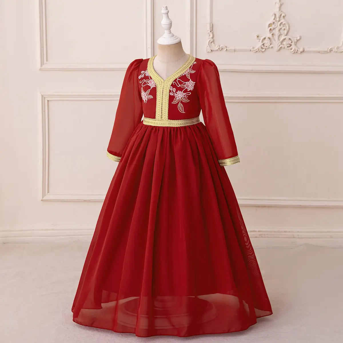 Girls Red Embroidered Maxi Dress With Long Sleeves Casual Dresses