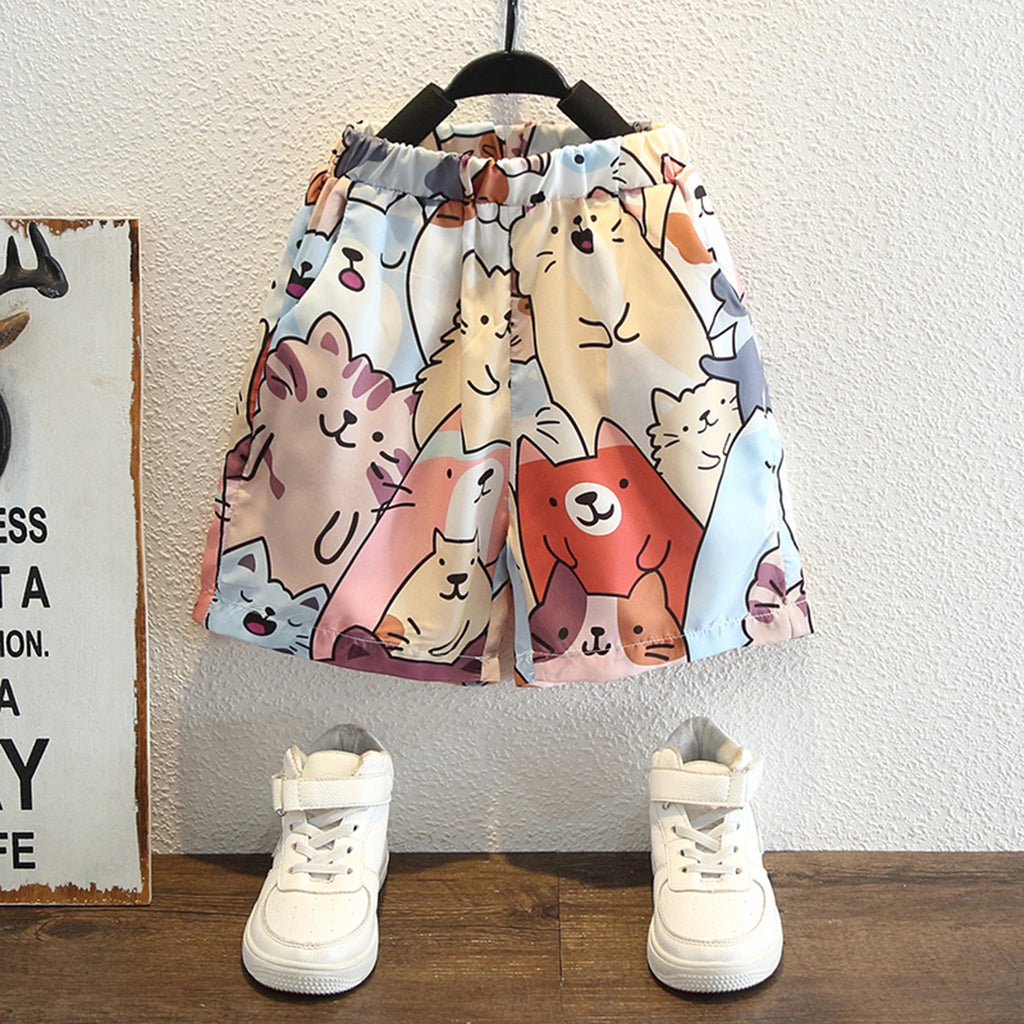 Boys Multicolor Allover Cat Print Button-Down Shirt & Shorts Co-ord Sets Sets