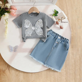 Girls Grey Butterfly Applique T-Shirt With Denim Skirt Sets Sets Grey 2-3 Y