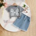 Girls Grey Butterfly Applique T-Shirt With Denim Skirt Sets Sets Grey 2-3 Y