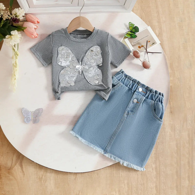 Girls Grey Butterfly Applique T-Shirt With Denim Skirt Sets Sets Grey 2-3 Y