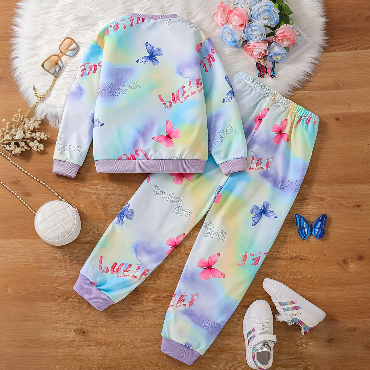 Girls Multicolor Butterfly Printed Sweatshirt With Jogger Sets 2 pc. Sets