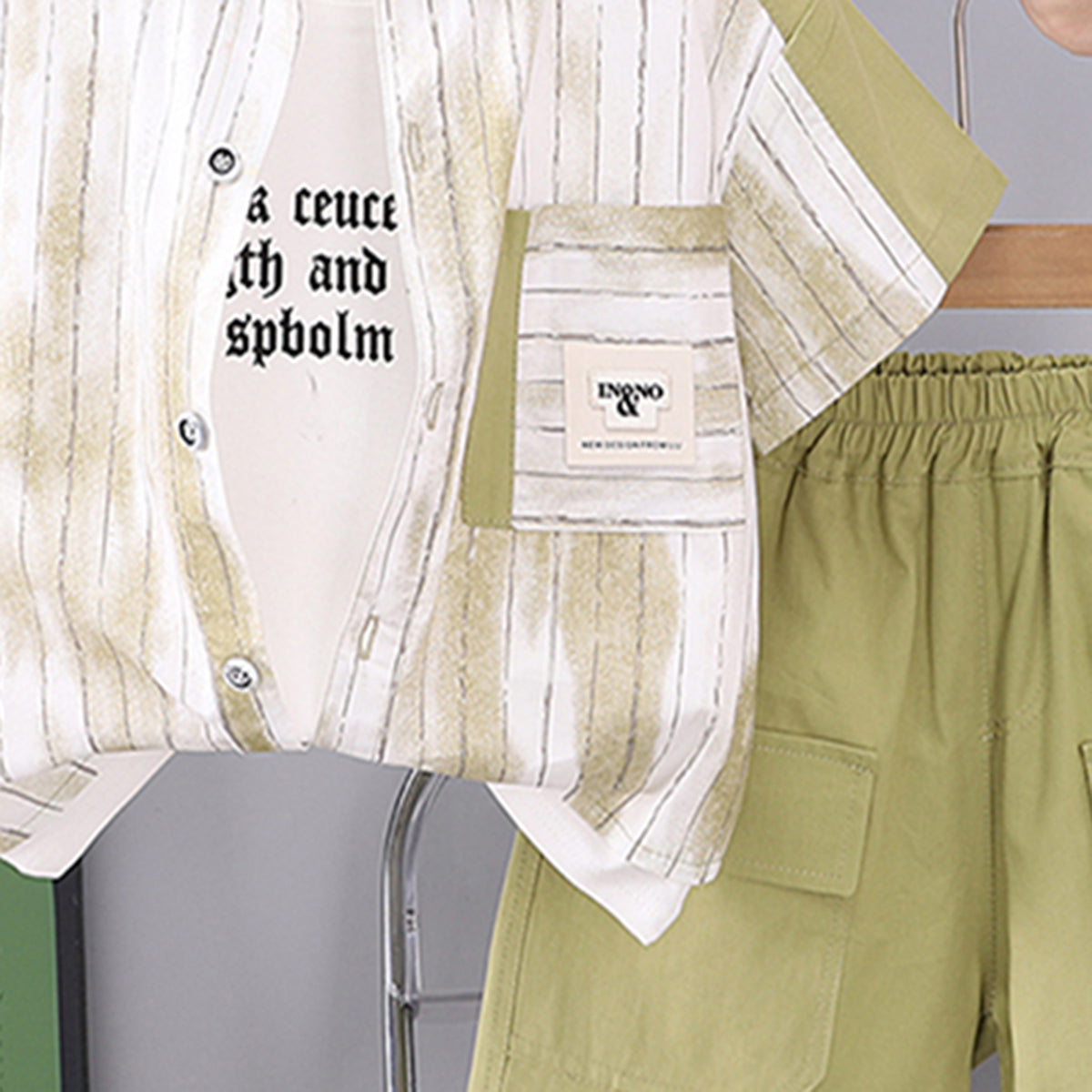 Boys Color-Blocked Striped Shirt With Light Green Shorts Set 2 pc. Sets