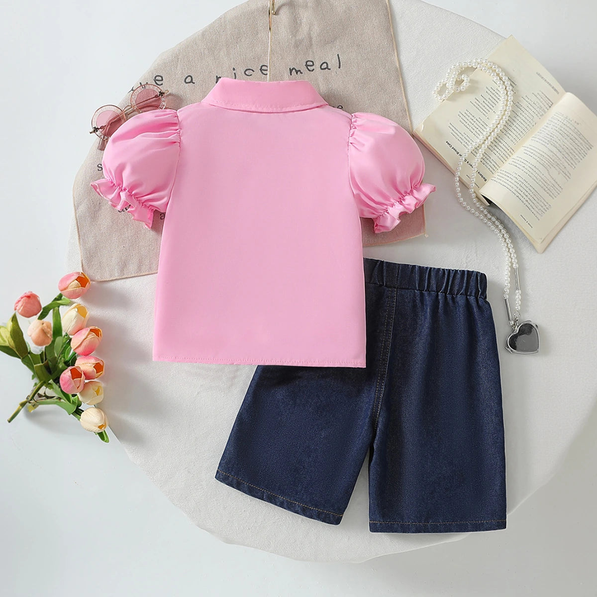Girls Pink Flower applique Puff Sleeve Peplum Top With Denim Shorts Sets 2 pc. Sets