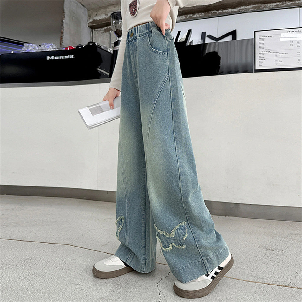 Girls Light Blue Butterfly Applique Relaxed Fit Denim Jeans Pants