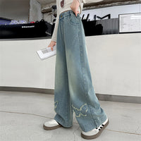Girls Light Blue Butterfly Applique Relaxed Fit Denim Jeans Pants
