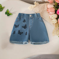 Girls Red Graphics Top With Embroidered Denim Shorts Set Sets
