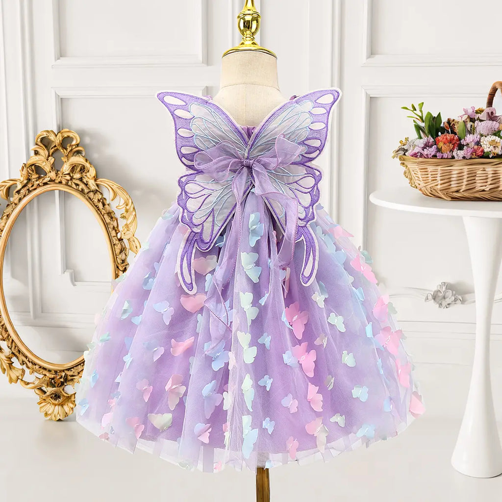 Girls Purple 3D Butterfly Wing Applique Tulle Overlay Fit & Flare Dress Casual Dresses