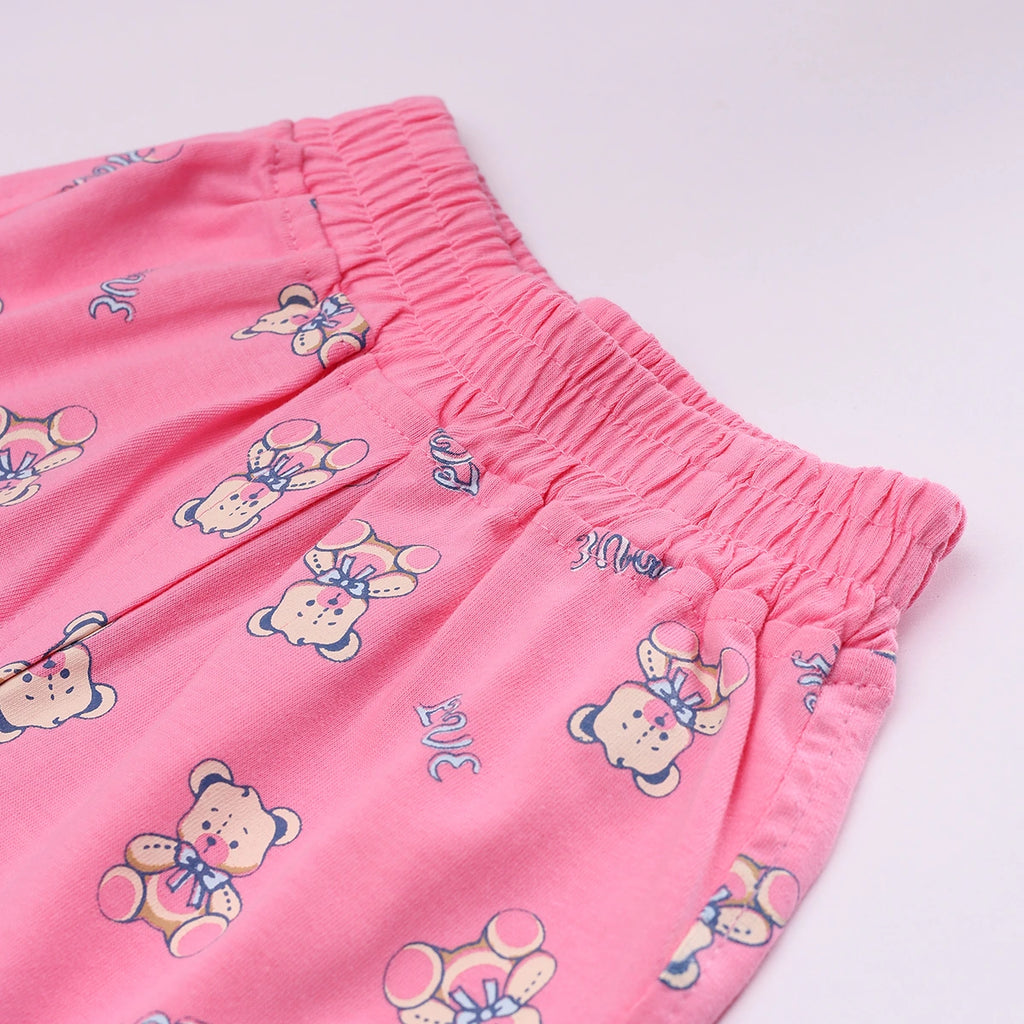 Girls Pink Teddy Bear Graphics Puff Sleeve Top With Printed Shorts Sets Sets