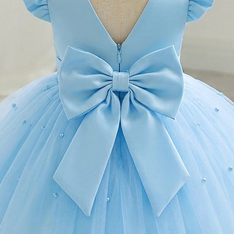 Girls Sky Blue Pearl-Embellished Flutter Sleeve Fit & Flare Dress Casual Dresses