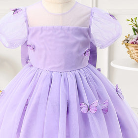 Girls Lavender Butterfly Applique Puff Sleeve Fit & Flare Dress Casual Dresses