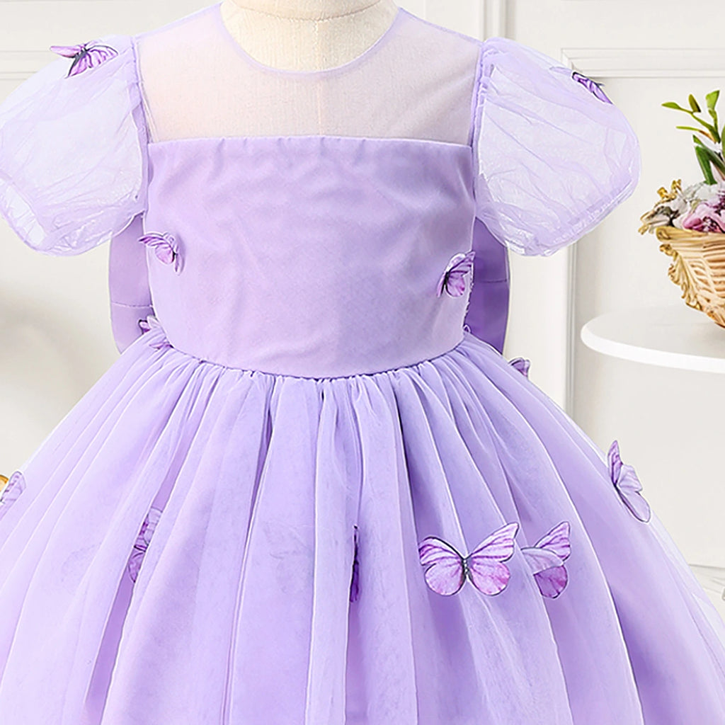 Girls Lavender Butterfly Applique Puff Sleeve Fit & Flare Dress Casual Dresses