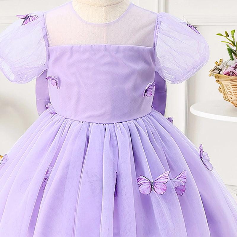 Girls Lavender Butterfly Applique Puff Sleeve Fit & Flare Dress Casual Dresses