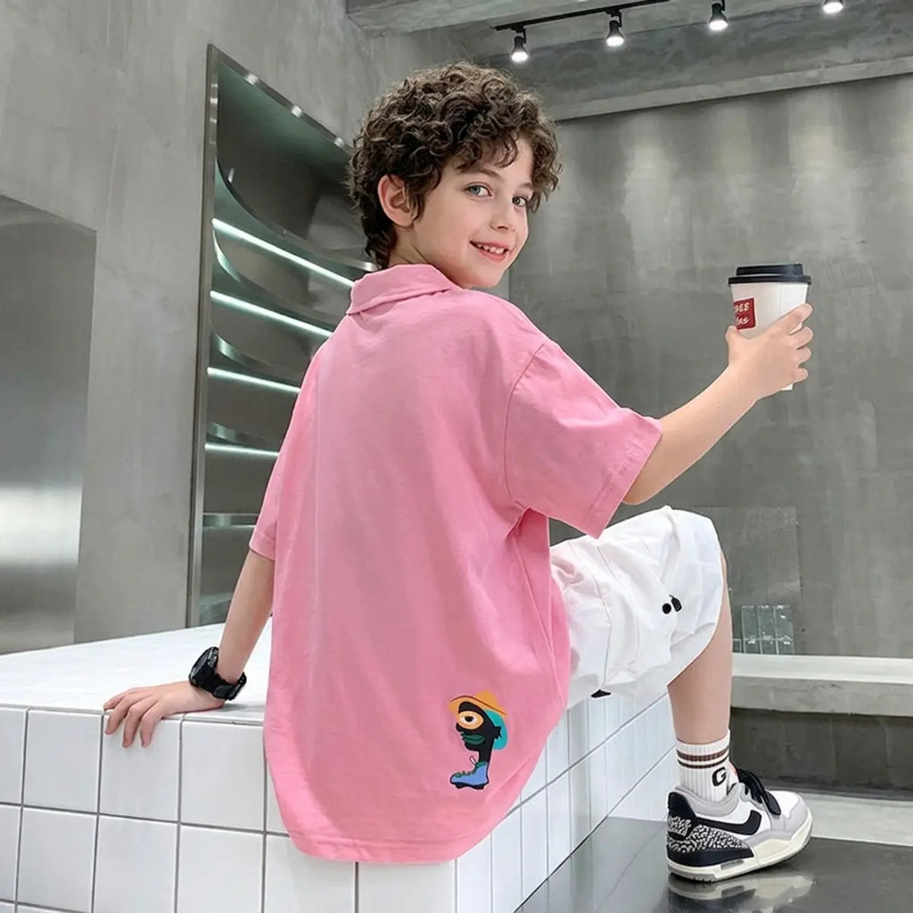 Boys Pink Graphic Polo T-Shirt With Shorts Sets Sets
