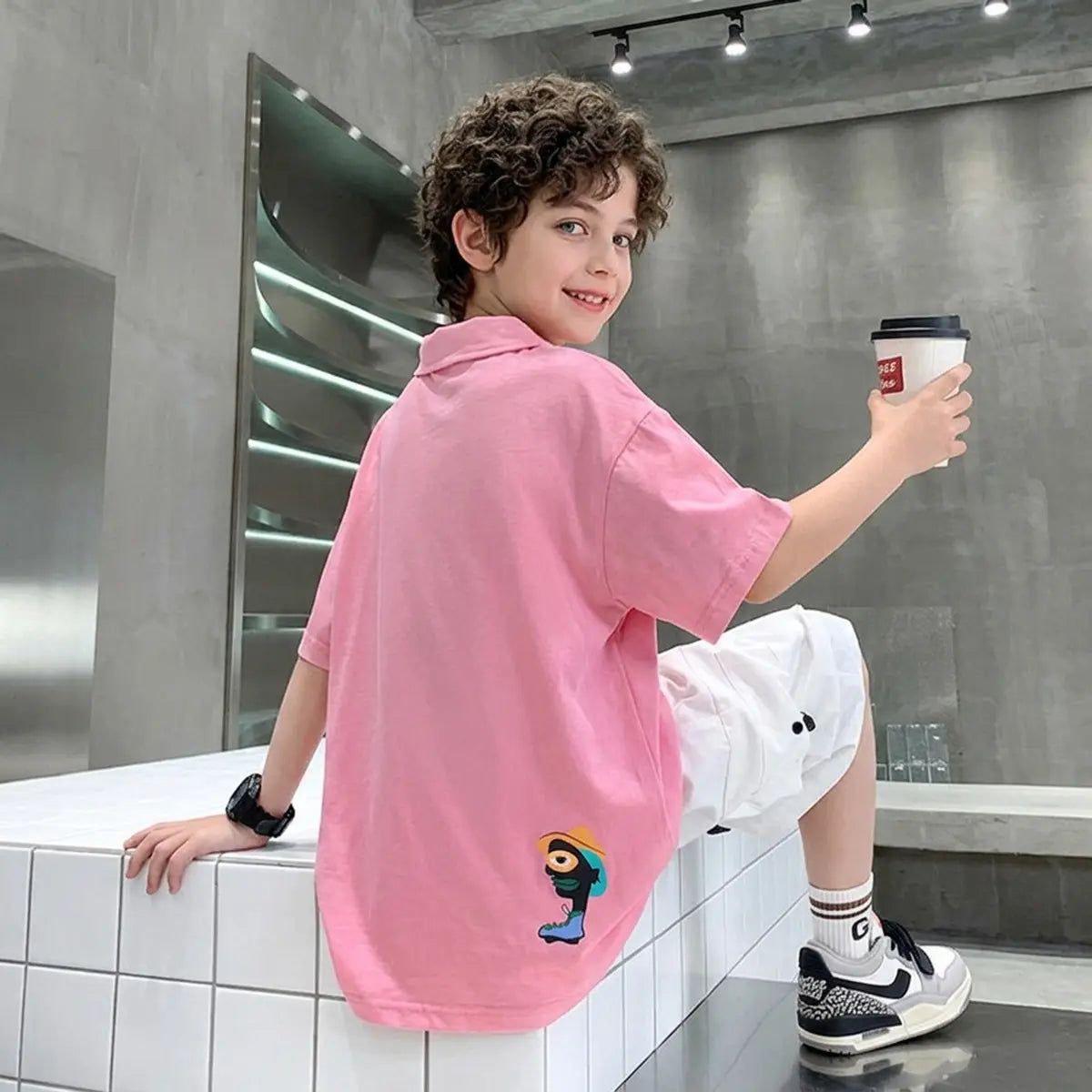 Boys Pink Graphic Polo T-Shirt With Shorts Sets Sets