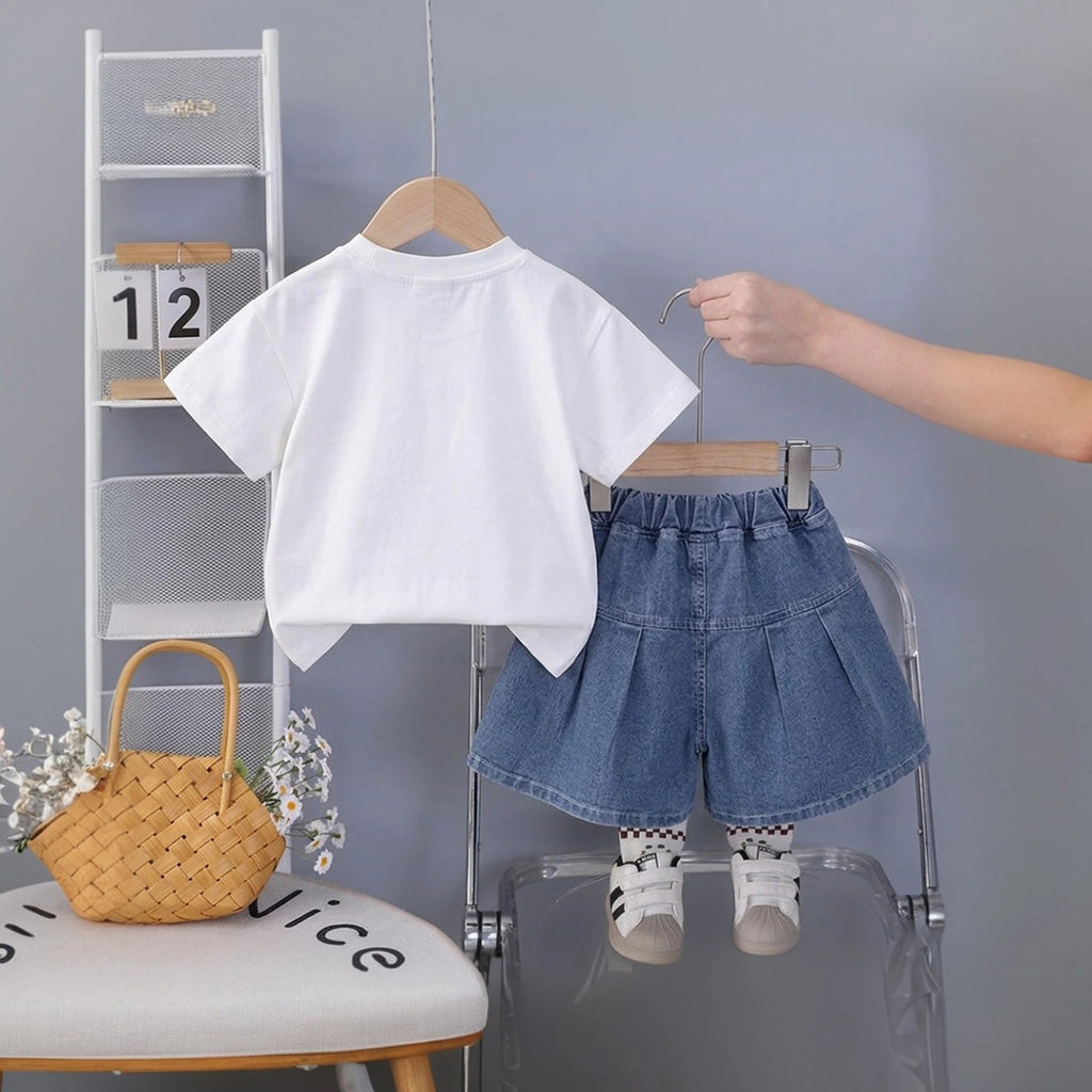 Girls White Cherry Bow Embellished T-Shirt With Denim Shorts Sets 2 pc. Sets