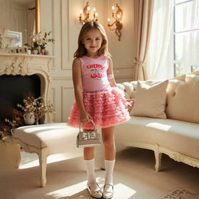 Girls Pink Cherry Print Sleeveless Top With Ruffled Tulle Skirt Sets Sets