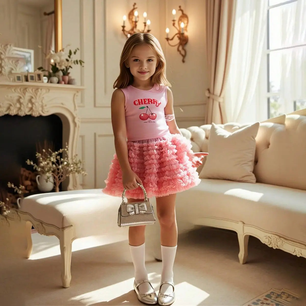 Girls Pink Cherry Print Sleeveless Top With Ruffled Tulle Skirt Sets Sets