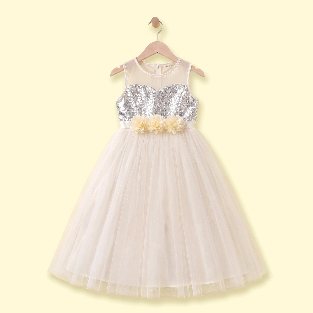 Girls Off White Embellished Sequined Fit & Flare Party Dress Party Dresses Off White 1-2 Y