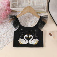 Girls Black Graphics Crop Top With Tulle Ruffles Skirts Set Sets