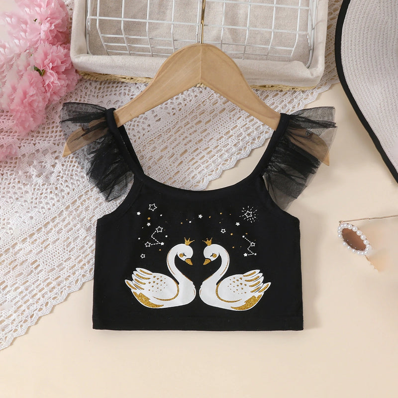 Girls Black Graphics Crop Top With Tulle Ruffles Skirts Set Sets