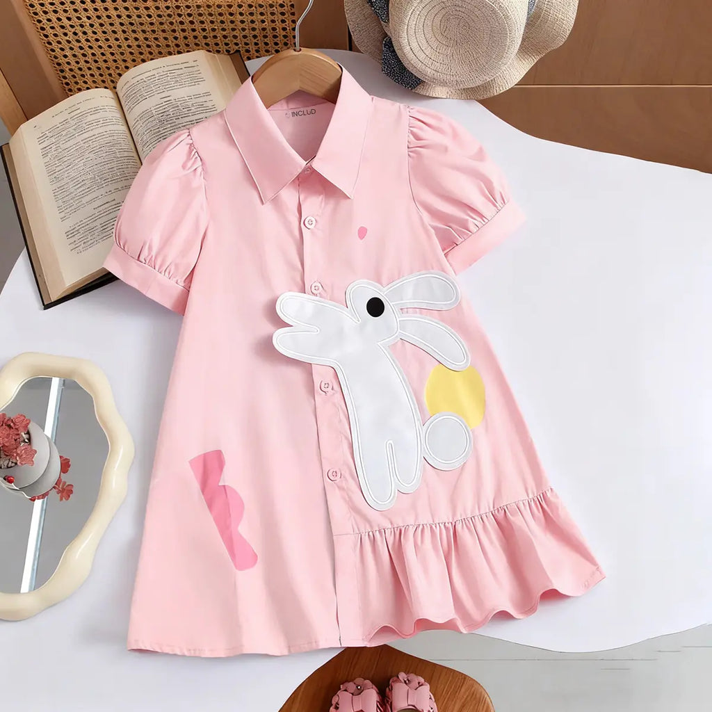Girls Light Pink Bunny Applique Short Sleeve Shirt Dress Casual Dresses Light Pink 1-2 Y