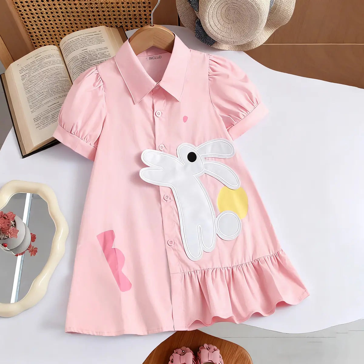 Girls Light Pink Bunny Applique Short Sleeve Shirt Dress Casual Dresses Light Pink 1-2 Y