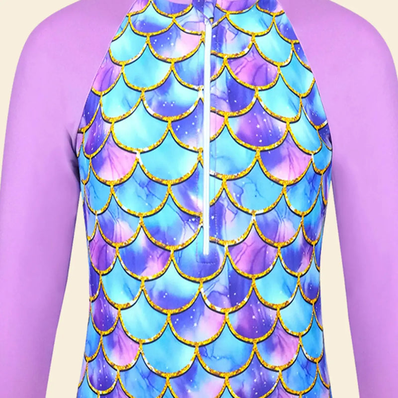 Girls Purple Mermaid Printed Swimwear Bodysuit Beachwear