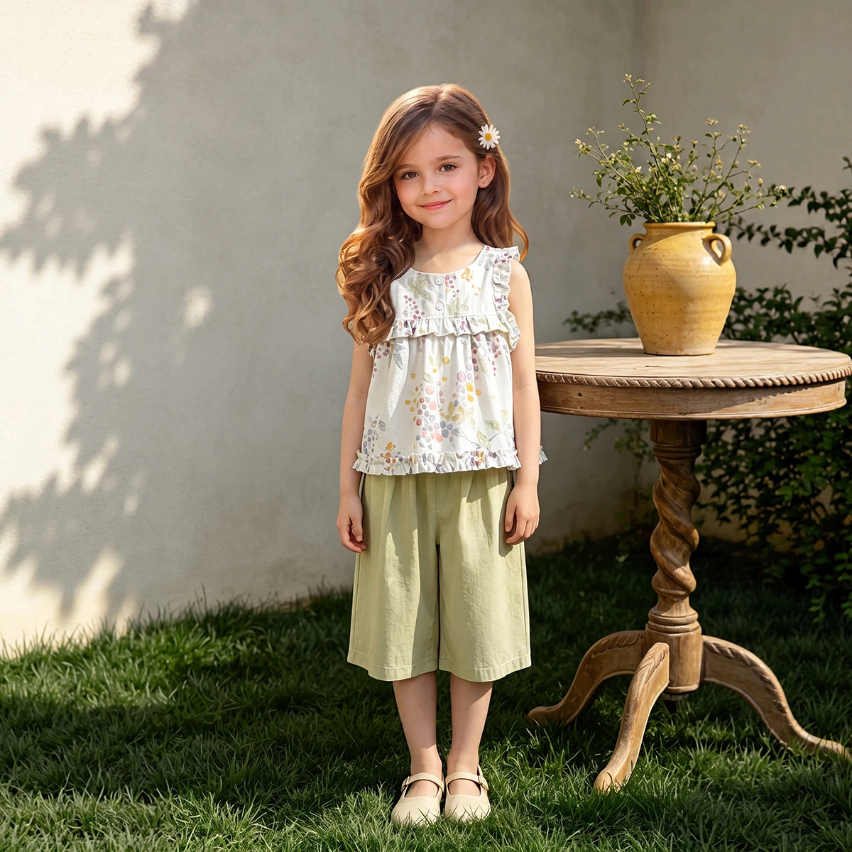 Girls White Floral Print Sleeveless Top With Shorts Sets 2 pc. Sets
