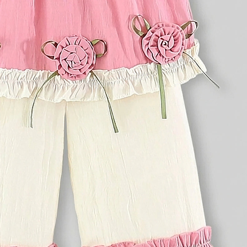Girls Pink Rose Applique Top With Pants Sets Sets