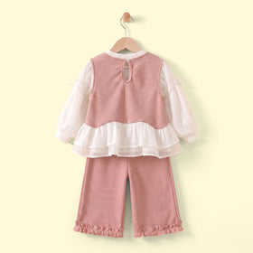 Girls Pink Bow Applique Top With Long Sleeve T-Shirt And Pants Sets 3 pc. Sets