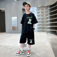 Boys Black Teddy Bear Printed Summer Oversized T-shirt With Bermuda Set 2 pc. Sets