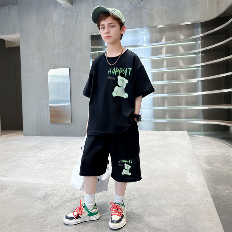 Boys Black Teddy Bear Printed Summer Oversized T-shirt With Bermuda Set 2 pc. Sets