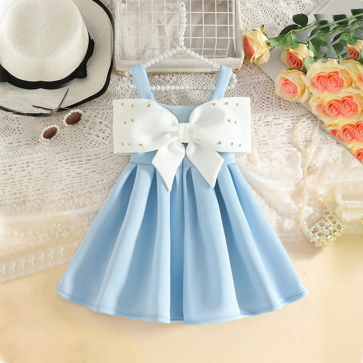 Girls Sky Blue Sleeveless Fit & Flare Party Wear Dress With Elegant Bow Detail Party Dresses