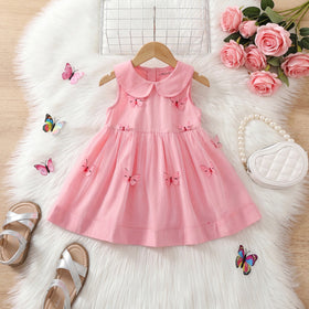 Girls Pink Butterfly Applique Peter Pan Collar Fit & Flare Dress Casual Dresses Pink 1-2 Y