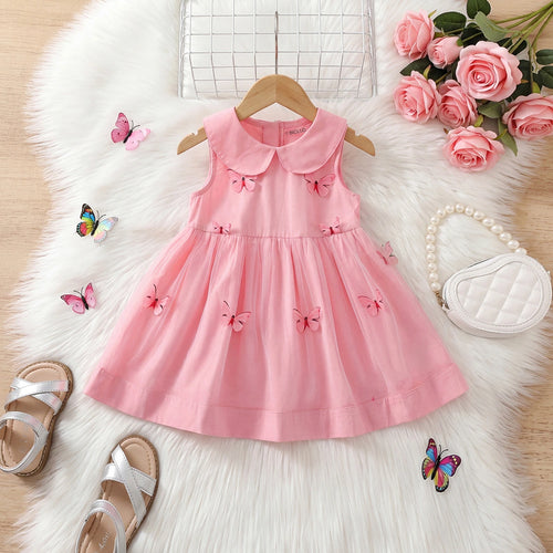 Girls Pink Butterfly Applique Peter Pan Collar Fit & Flare Dress Casual Dresses Pink 1-2 Y